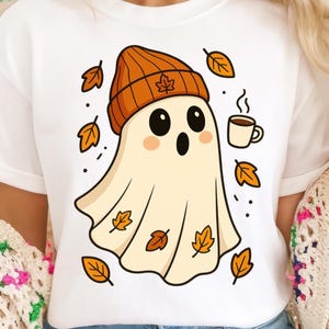 Fall Ghost Coffee Png, Cute Autumn Ghost Sublimation Design, Cozy Halloween Clipart with Beanie and Leaves for Cricut