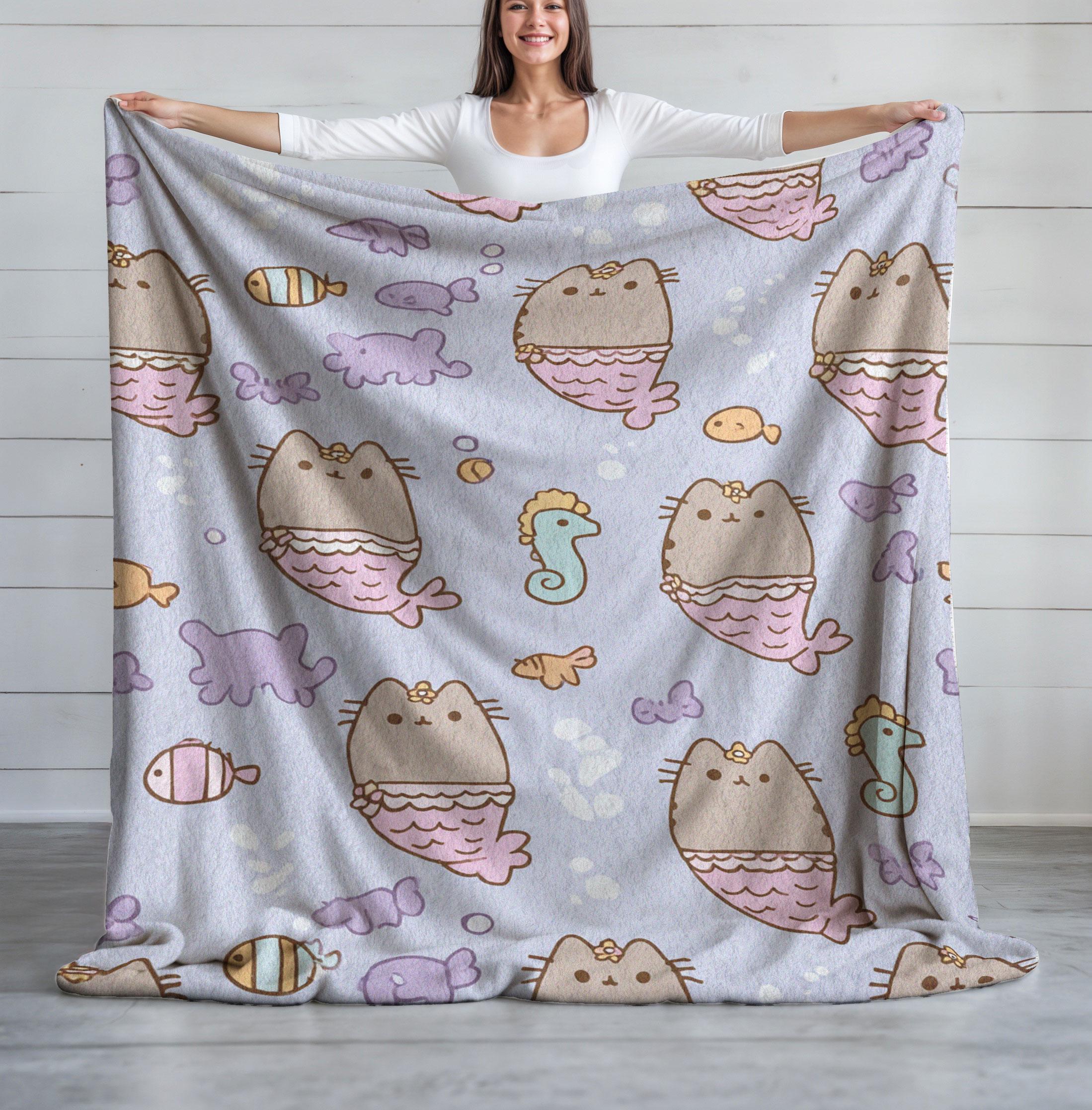 Discover Pusheen Mermaid Cat Fleece Blanket, Cozy Ocean Animal Throw, Kawaii Kitten Mermaid Wrap, Fantasy Sea Life Plush Cover