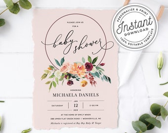 Printable Blush Pink Bohemian Floral Wreath Baby Shower Invitation with Eucalyptus Greenery • INSTANT DOWNLOAD • Editable Template  #BA0S02