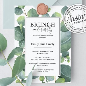Brunch und sprudelnde Brautparty-Einladung mit Eukalyptusgrün • SOFORTIGER DOWNLOAD • Druckbare, bearbeitbare Vorlage