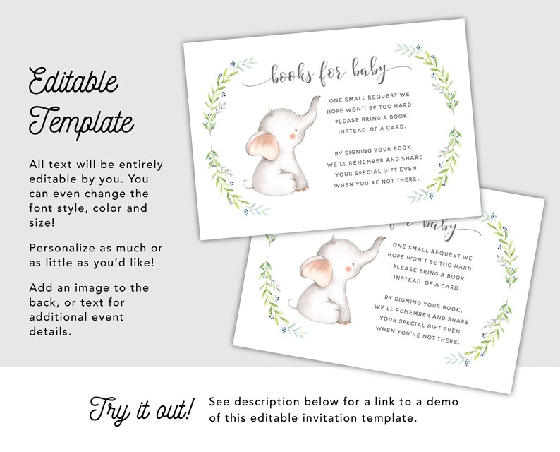 Baby Elephant Printable Baby Shower Books for Baby Card INSTANT DOWNLOAD Editable Template image 2