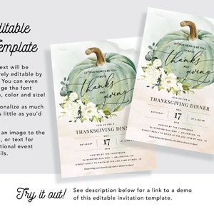 Hearts Full of Thanks and Giving Dinner Invitation w/ Watercolor Autumn Pumpkin INSTANT DOWNLOAD Printable, Editable Template 078 image 3