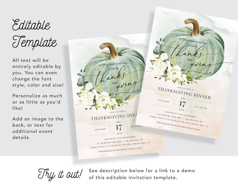 Hearts Full of Thanks and Giving Dinner Invitation w/ Watercolor Autumn Pumpkin INSTANT DOWNLOAD Printable, Editable Template 078 image 3