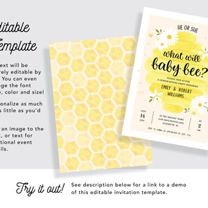 What Will Baby Bee Gender Reveal Party Invitation with Watercolor Beehive & Honeycomb Instant Editable, Printable Template image 3