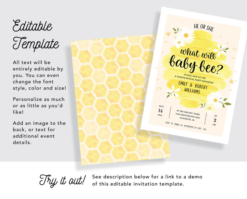 What Will Baby Bee Gender Reveal Party Invitation with Watercolor Beehive & Honeycomb Instant Editable, Printable Template image 3