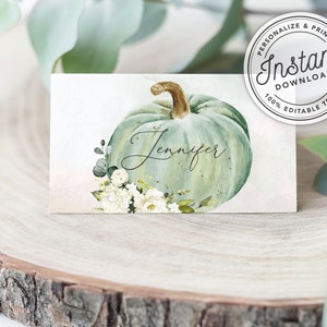 Friendsgiving or Thanksgiving Printable Place Cards w/ Watercolor Autumn Pumpkin Flat & Folded INSTANT DOWNLOAD Editable Template 078 image 1