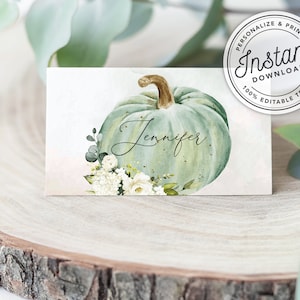 Friendsgiving or Thanksgiving Printable Place Cards w/ Watercolor Autumn Pumpkin Flat & Folded INSTANT DOWNLOAD Editable Template 078 image 1