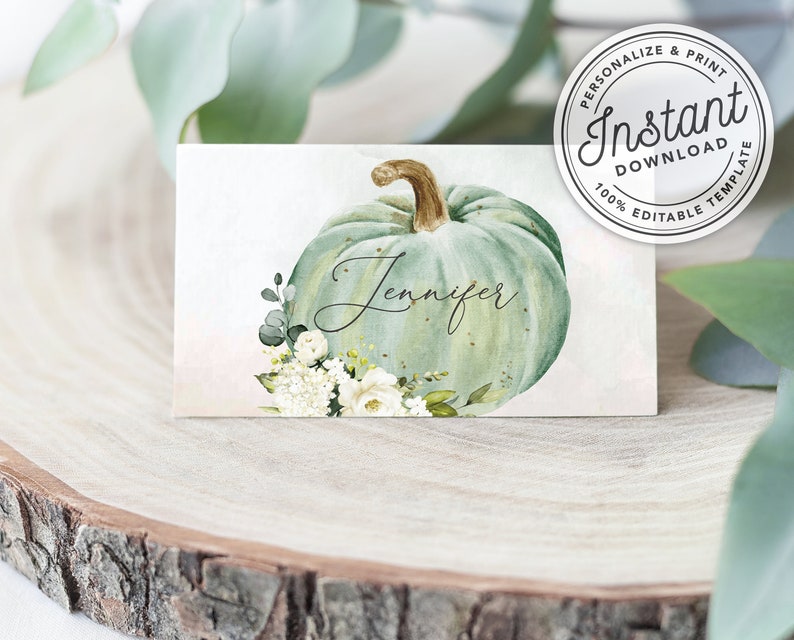 Friendsgiving or Thanksgiving Printable Place Cards w/ Watercolor Autumn Pumpkin Flat & Folded INSTANT DOWNLOAD Editable Template 078 image 1