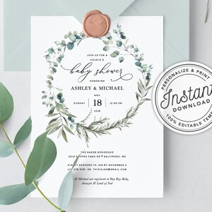 Bohemian Couples Baby Shower Invitation with Eucalyptus Greenery • INSTANT DOWNLOAD • Printable, Editable Template #093