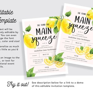 She Found Her Main Squeeze Bridal Shower Invitation with Lemon Citrus Watercolor INSTANT DOWNLOAD Printable, Editable Template image 3