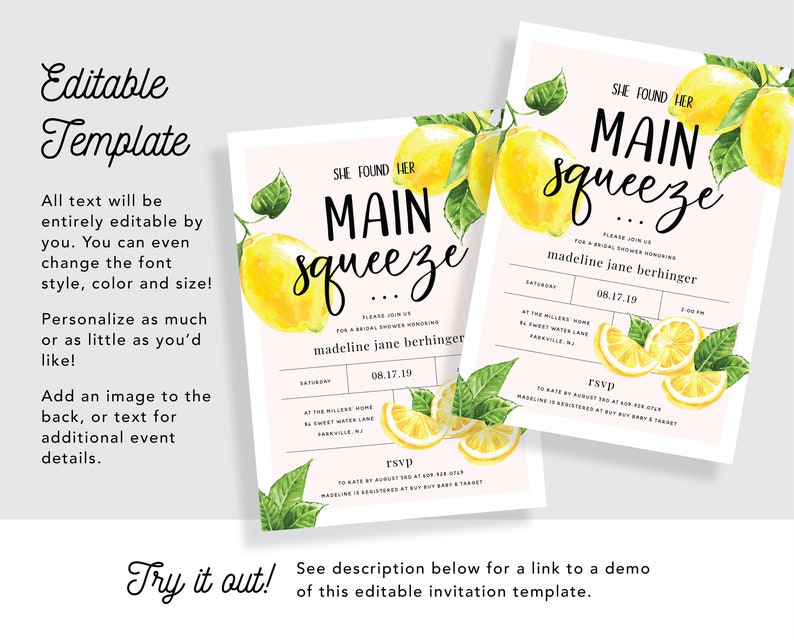 She Found Her Main Squeeze Bridal Shower Invitation with Lemon Citrus Watercolor INSTANT DOWNLOAD Printable, Editable Template image 3