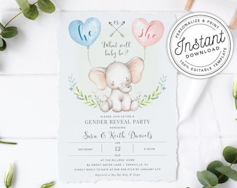 Baby Elephant with Balloons He or She Gender Reveal Party Invitation • INSTANT DOWNLOAD • Printable, Editable Template