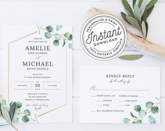 Gold Geometric Greenery Wedding Invitation Template Suite with Watercolor Eucalyptus Leaves • INSTANT DOWNLOAD • Printable, Editable