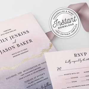 Modern Agate Wedding Invitation Template Suite with Amethyst & Gold • INSTANT DOWNLOAD • Printable, Editable Template