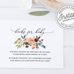 Printable Blush Pink Boho Floral Baby Shower Books pour carte de bébé avec verdure d'eucalyptus • TÉLÉCHARGEMENT INSTANTANÉ • Modèle modifiable #BA0S02