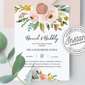 Boho Fall Floral Brunch & Bubbly Bridal Shower Invitation • INSTANT DOWNLOAD • Printable, Editable Template #013