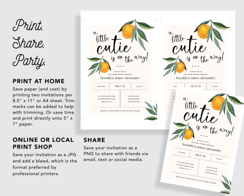 A Little Cutie is on the Way Clementine Orange Gender Neutral Baby Shower Invitation INSTANT DOWNLOAD Editable Template 0B94 image 4