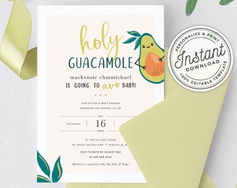 Holy Guacamole Going to Avo Baby Cute Avocado Baby Shower Invitation • INSTANT DOWNLOAD • Editable Template