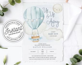 Up Up and Away Hot Air Balloon Boy Baby Shower Invitation Printable with Elephant • INSTANT DOWNLOAD • Editable Template