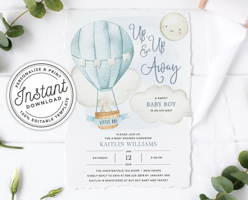 Up And Away Hot Air Balloon Boy Baby Shower Invitation Printable With Elephant Instant Editable Template
