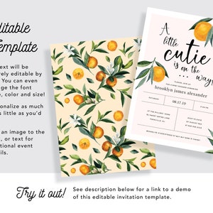 A Little Cutie is on the Way Clementine Orange Baby Shower Invitation INSTANT DOWNLOAD Editable Template 0B94 image 3