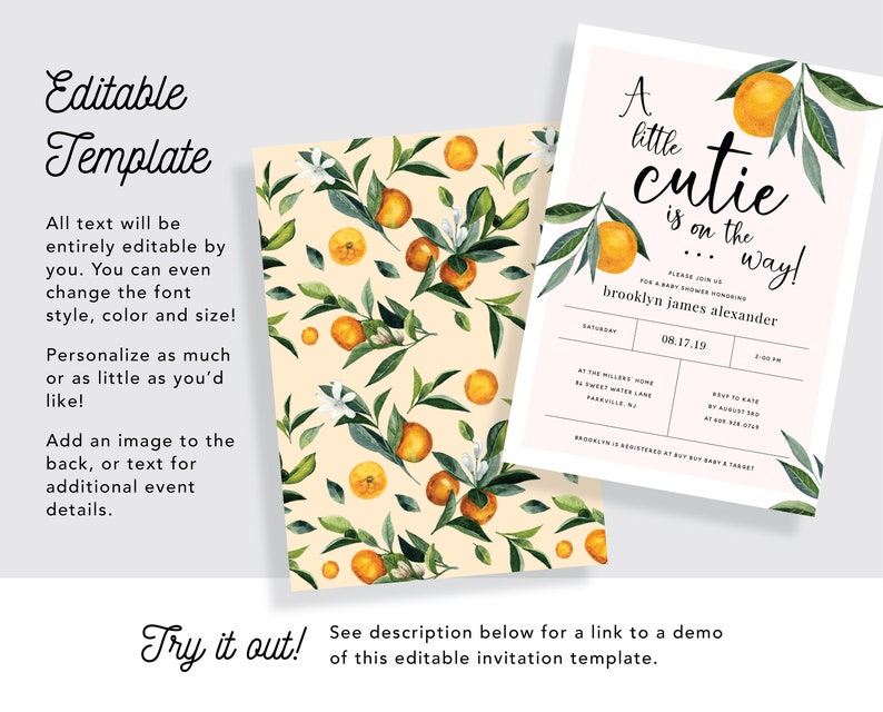A Little Cutie is on the Way Clementine Orange Baby Shower Invitation INSTANT DOWNLOAD Editable Template 0B94 image 3