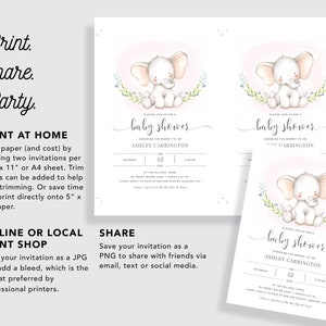 Baby Elephant Girl Baby Shower Invitation Printable in Pink • INSTANT ...