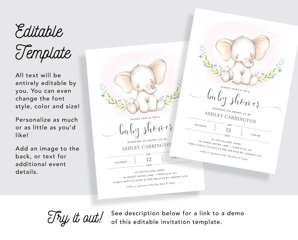 Baby Elephant Girl Baby Shower Invitation Printable in Pink - Etsy