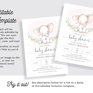 Baby Elephant Girl Baby Shower Invitation Printable in Pink • INSTANT ...
