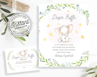 Baby Elephant Baby Shower Diaper Raffle Sign & Ticket • INSTANT DOWNLOAD • Editable Printable Template