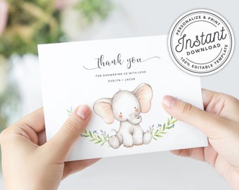 Baby Elephant Baby Shower Thank You Card • INSTANT DOWNLOAD • Editable Printable Template