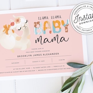 Llama Llama Baby Mama Baby Shower Invitation in Pink • INSTANT DOWNLOAD • Editable Template