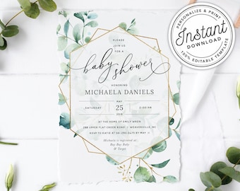 Bohemian Geometric Greenery Baby Shower Invitation with Watercolor Eucalyptus • INSTANT DOWNLOAD • Printable, Editable Template #0B409