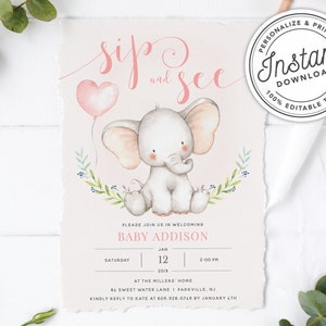 Printable Welcome Baby Girl Elephant Sip & See Invitation in Pink • INSTANT DOWNLOAD • Editable Template