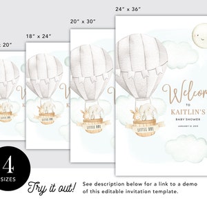 Up Up Hot Air Balloon Baby Shower Welcome Sign Printable 16x20, 18x24, 20x30 and 24x36 INSTANT DOWNLOAD Editable Template B0S0GN1 image 2