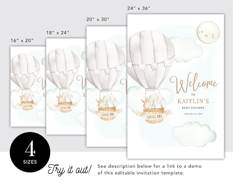 Up Up Hot Air Balloon Baby Shower Welcome Sign Printable 16x20, 18x24, 20x30 and 24x36 INSTANT DOWNLOAD Editable Template B0S0GN1 image 2