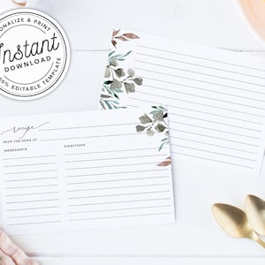 Fall Boho Couples or Bridal Shower Recipe Card with Eucalyptus Greenery • INSTANT DOWNLOAD • Printable, Editable Template #086