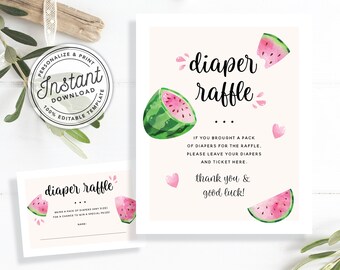 A Sweet Little Baby is on The Way Watermelon Baby Shower Diaper Raffle Sign & Ticket • INSTANT DOWNLOAD • Editable Printable Template