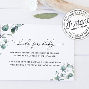 Livres de baby shower imprimables Boho Wreath pour carte de bébé avec verdure d'eucalyptus • TÉLÉCHARGEMENT INSTANTANÉ • Modèle modifiable #093