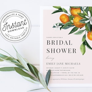 Summer Citrus Blush Pink & Orange Bridal Shower Invitation with Watercolor Greenery • INSTANT DOWNLOAD • Printable, Editable Template