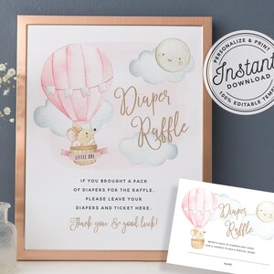 Up Up and Away Hot Air Balloon Baby Shower Diaper Raffle Sign & Ticket (Pink for Girl) • INSTANT DOWNLOAD • Editable Printable Template
