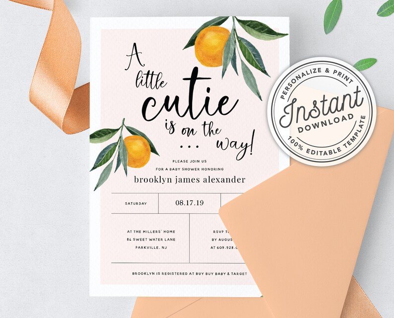 A Little Cutie is on the Way Clementine Orange Baby Shower Invitation INSTANT DOWNLOAD Editable Template 0B94 image 8