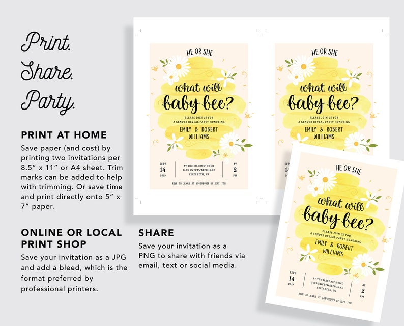 What Will Baby Bee Gender Reveal Party Invitation with Watercolor Beehive & Honeycomb Instant Editable, Printable Template image 4