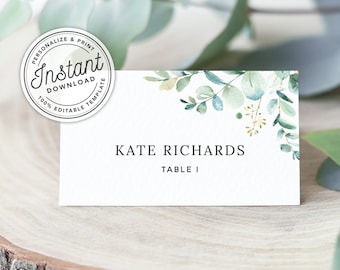 Watercolor Eucalyptus Greenery Wedding Place Cards Printable (Flat and Tent Folded) • INSTANT DOWNLOAD • Editable Template #W0E01X