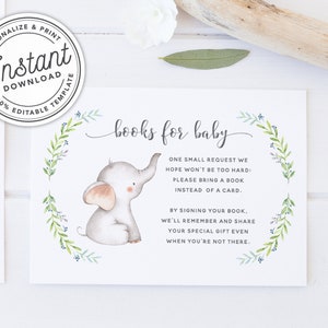 Baby Elephant Printable Baby Shower Books for Baby Card INSTANT DOWNLOAD Editable Template image 1