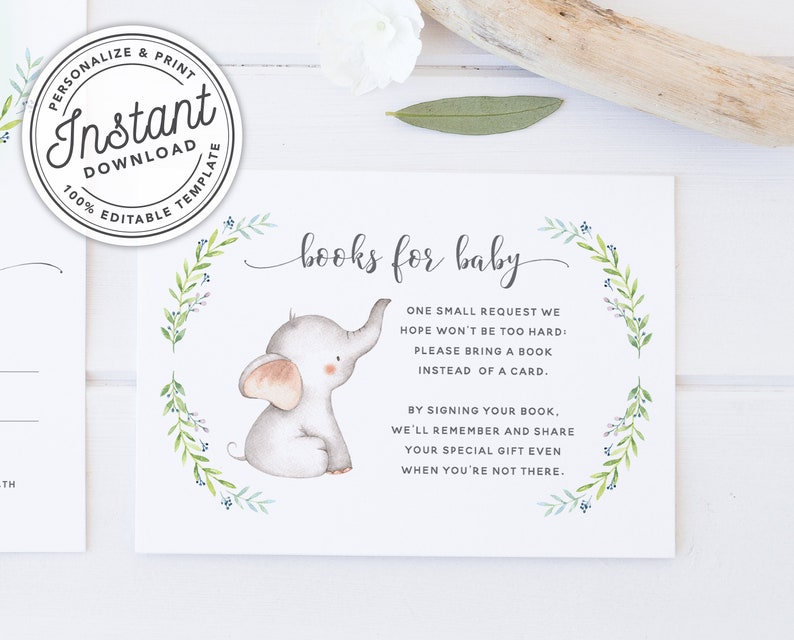 Baby Elephant Printable Baby Shower Books for Baby Card INSTANT DOWNLOAD Editable Template image 1