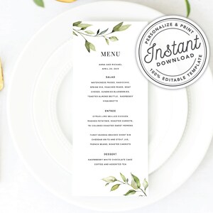 Simple Greenery Menu with Watercolor Leaves (Bridal Shower, Wedding, Dinner, Brunch) • INSTANT DOWNLOAD • Printable, Editable Template