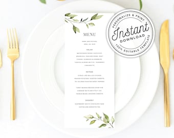 Simple Greenery Menu with Watercolor Leaves (Bridal Shower, Wedding, Dinner, Brunch) • INSTANT DOWNLOAD • Printable, Editable Template