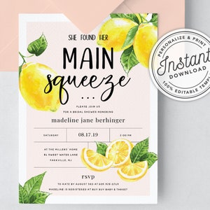 She Found Her Main Squeeze Bridal Shower Invitation with Lemon Citrus Watercolor INSTANT DOWNLOAD Printable, Editable Template image 7