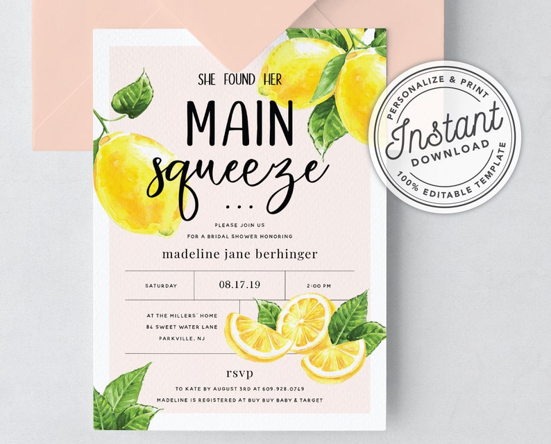 She Found Her Main Squeeze Bridal Shower Invitation with Lemon Citrus Watercolor INSTANT DOWNLOAD Printable, Editable Template image 7